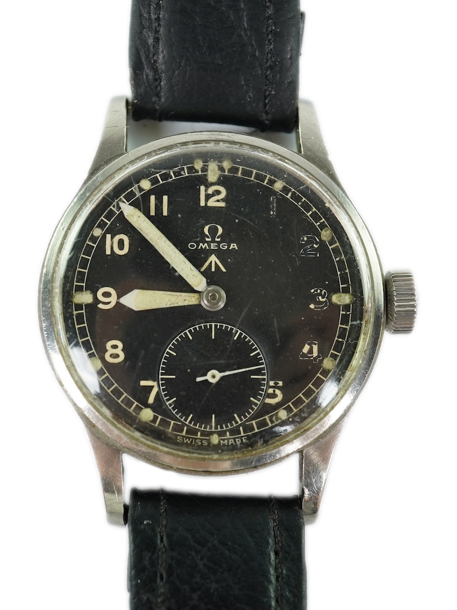 A gentleman's stainless steel Omega W.W.W. British Military 'Dirty Dozen' manual wind wrist watch, circa 1945